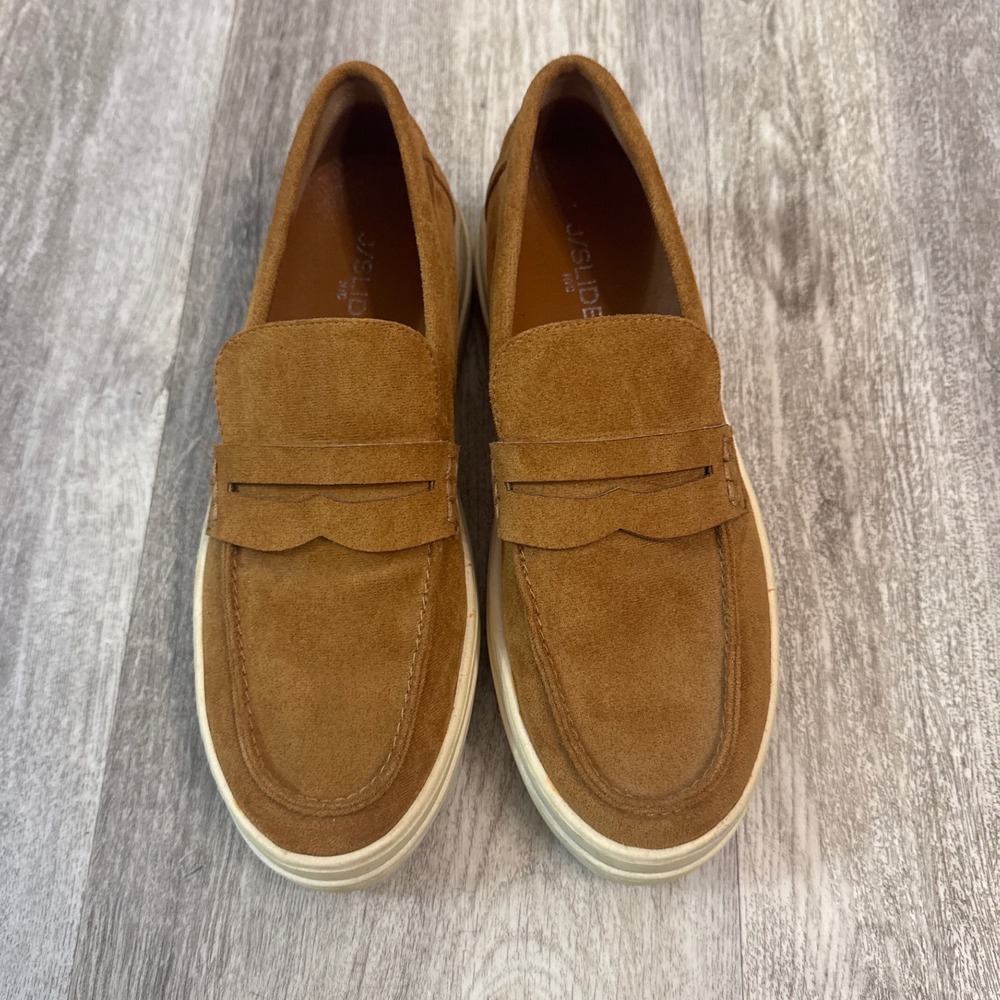J/Slides NYC Womens Suede Penny Loafer Sneakers Cognac Brown Platform Size 8.5